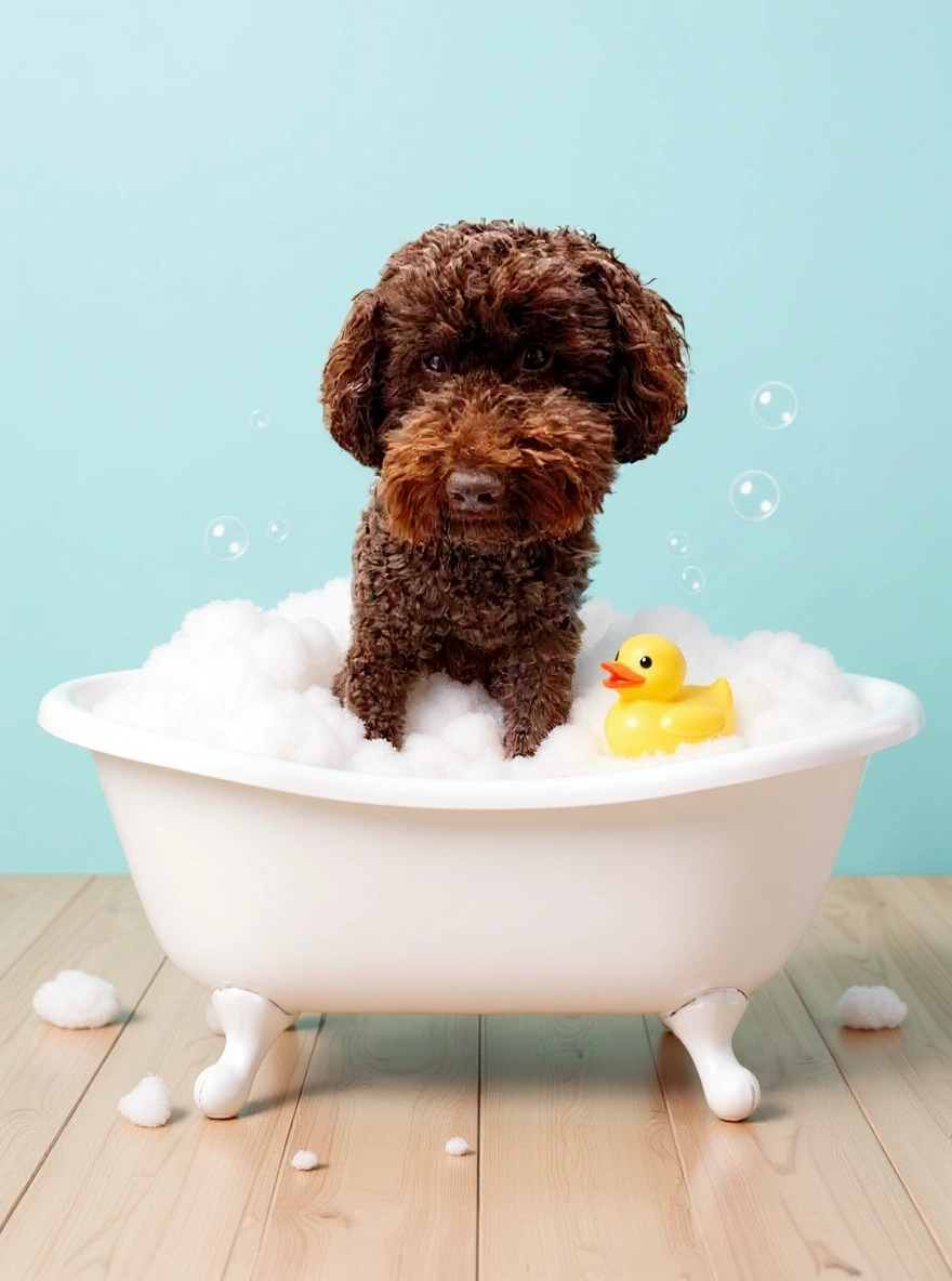 Cutie the Labradoodle as Bathtub